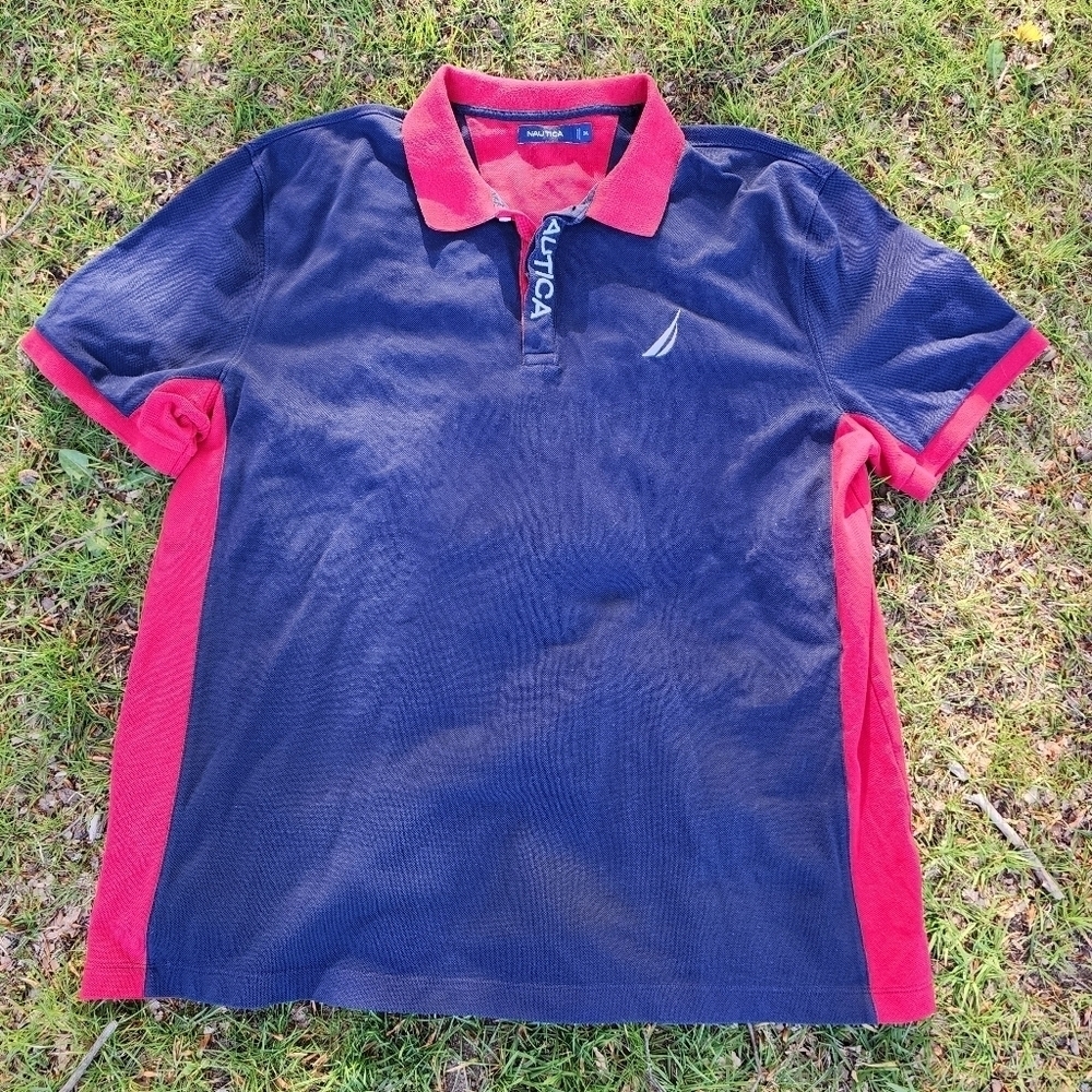 Nautica Mens 3XL Red Blue Three Button Up Polo Golf Shirt Embroidered Logo